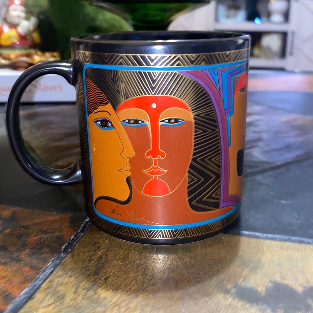 Vintage 1988 Laurel Burch Ancient Ancestors Black and Gold Tribal Ceramic Mug
